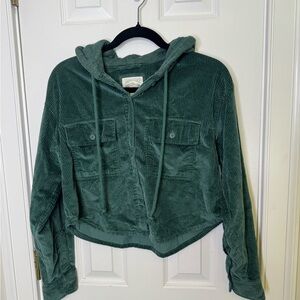 American Eagle Forest Green Cropped  Corduroy Hooded Button Jacket XS